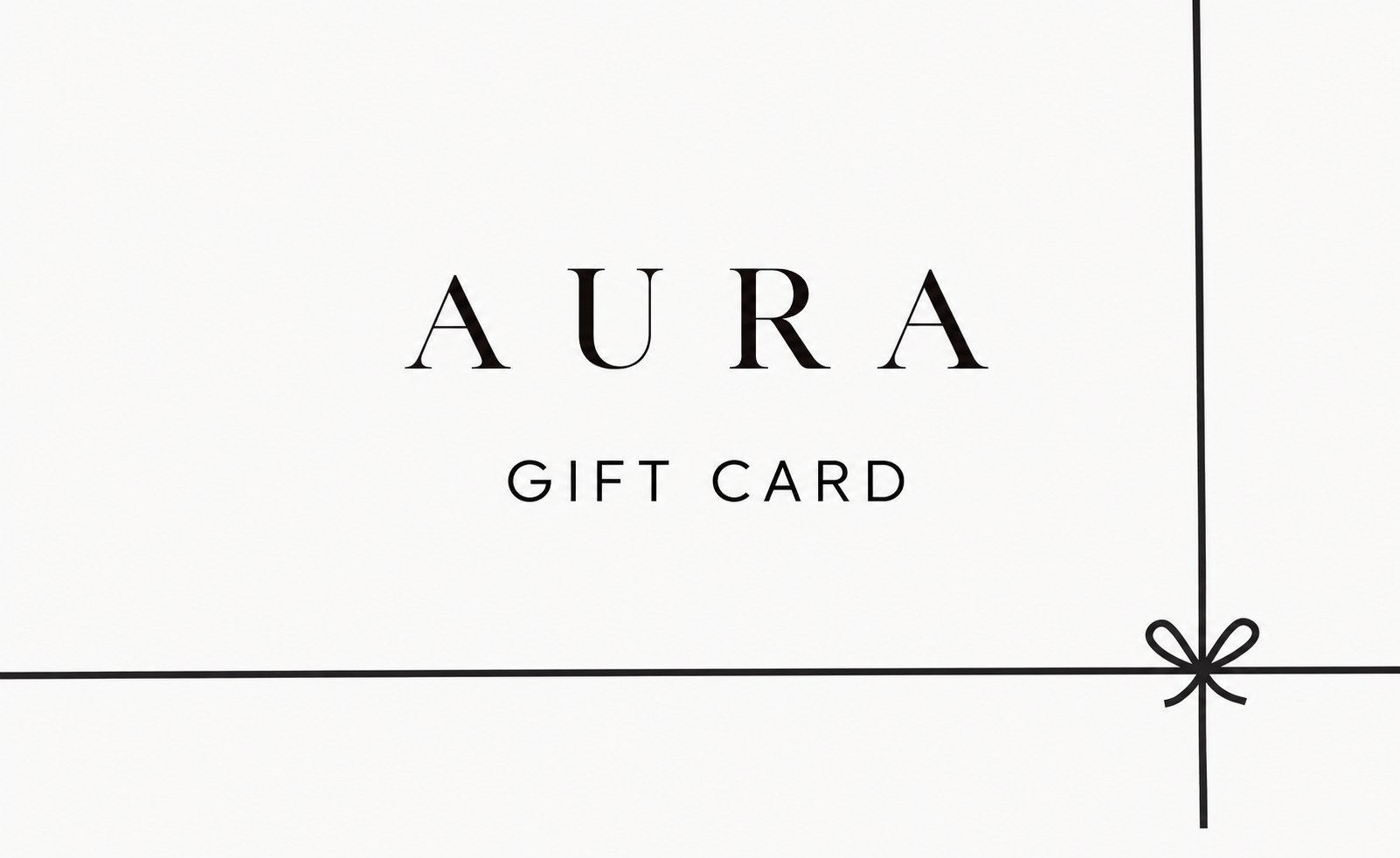 AURA Salon & Spa gift card, a minimalist white card tied with a black ribbon bow